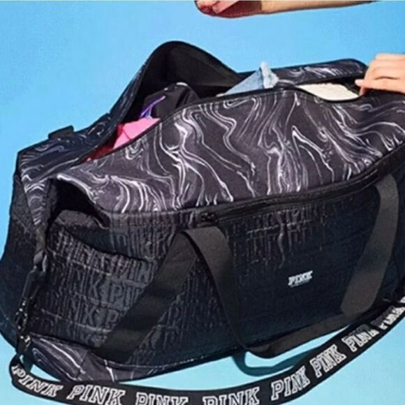 Pink Victoria's Secret Marble Duffle Bag Black GYM yoga Exercise Sports - Picture 8 of 9
